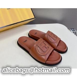 Sumptuous Fendi Leather Flat Slides Sandal with FF Circle Brown 813120