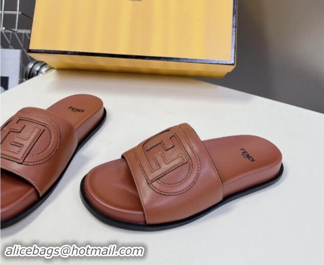 Sumptuous Fendi Leather Flat Slides Sandal with FF Circle Brown 813120