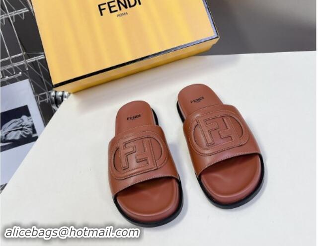 Sumptuous Fendi Leather Flat Slides Sandal with FF Circle Brown 813120