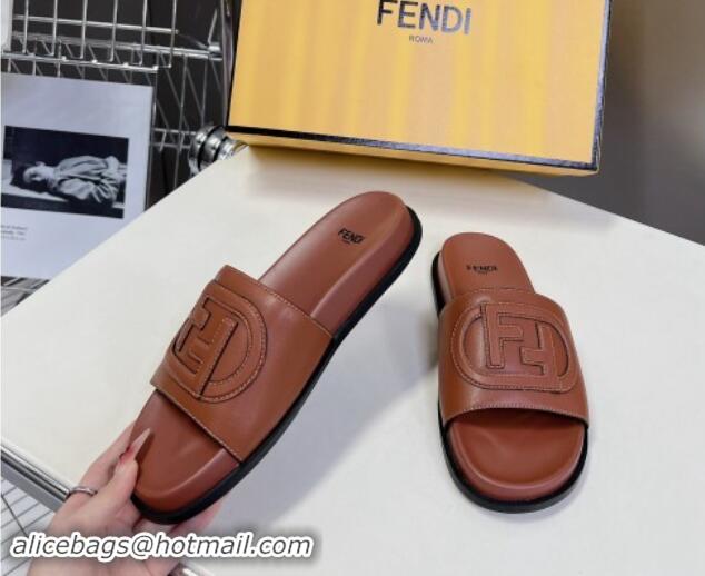 Sumptuous Fendi Leather Flat Slides Sandal with FF Circle Brown 813120