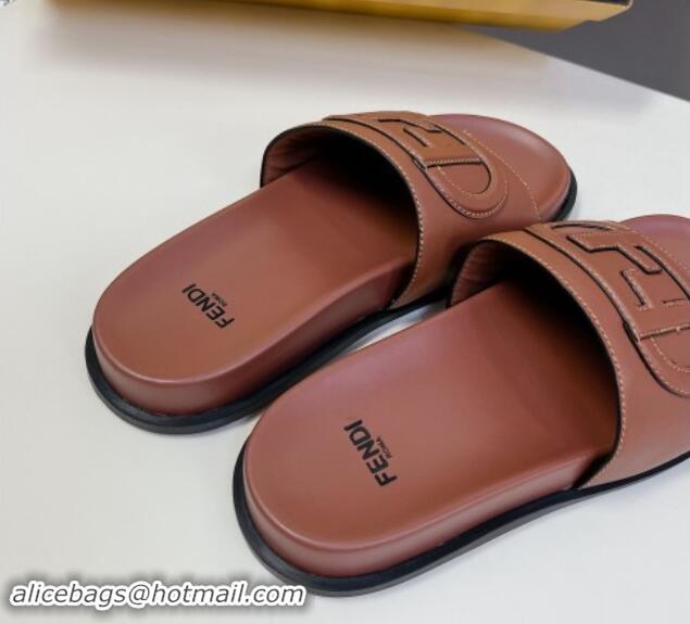 Sumptuous Fendi Leather Flat Slides Sandal with FF Circle Brown 813120