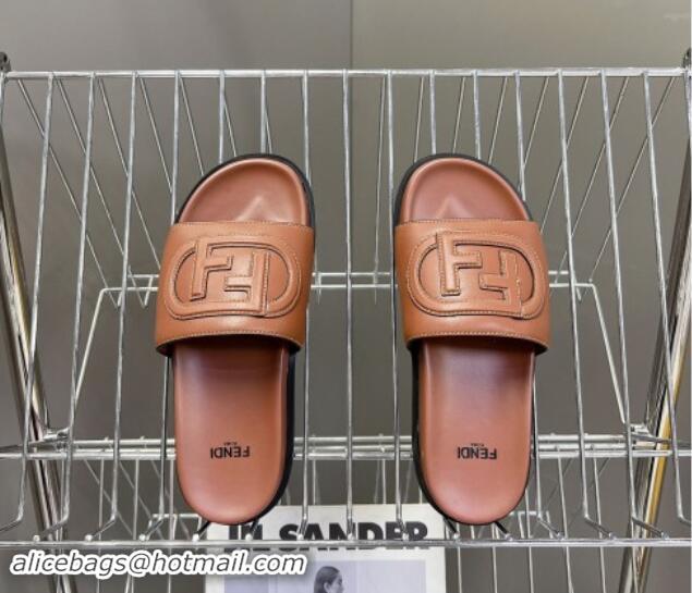 Sumptuous Fendi Leather Flat Slides Sandal with FF Circle Brown 813120