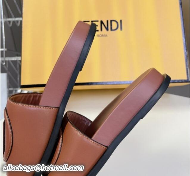 Sumptuous Fendi Leather Flat Slides Sandal with FF Circle Brown 813120