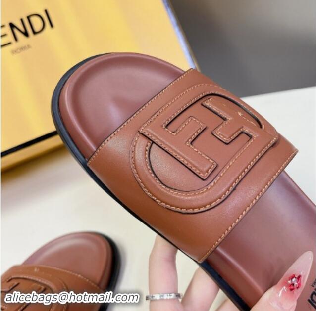 Sumptuous Fendi Leather Flat Slides Sandal with FF Circle Brown 813120