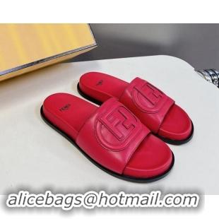 Perfect Fendi Leather Flat Slides Sandal with FF Circle Red 813121