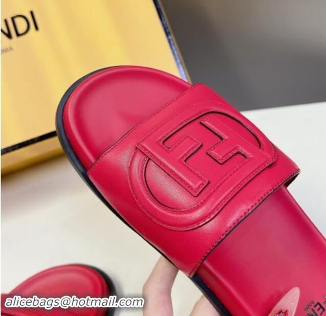 Perfect Fendi Leather Flat Slides Sandal with FF Circle Red 813121