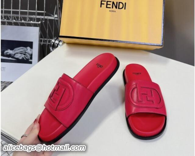 Perfect Fendi Leather Flat Slides Sandal with FF Circle Red 813121