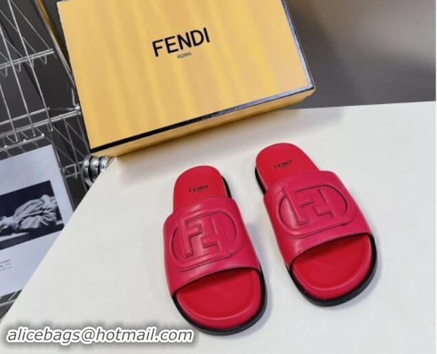 Perfect Fendi Leather Flat Slides Sandal with FF Circle Red 813121