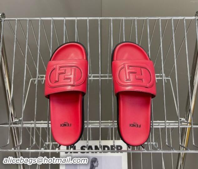 Perfect Fendi Leather Flat Slides Sandal with FF Circle Red 813121