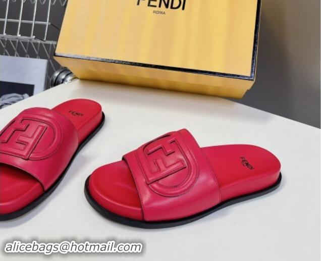 Perfect Fendi Leather Flat Slides Sandal with FF Circle Red 813121