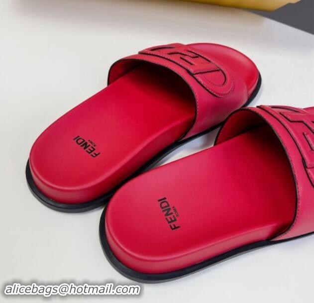 Perfect Fendi Leather Flat Slides Sandal with FF Circle Red 813121