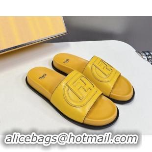 Top Design Fendi Leather Flat Slides Sandal with FF Circle Yellow 813122