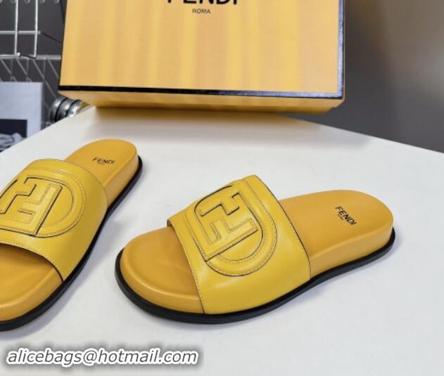 Top Design Fendi Leather Flat Slides Sandal with FF Circle Yellow 813122