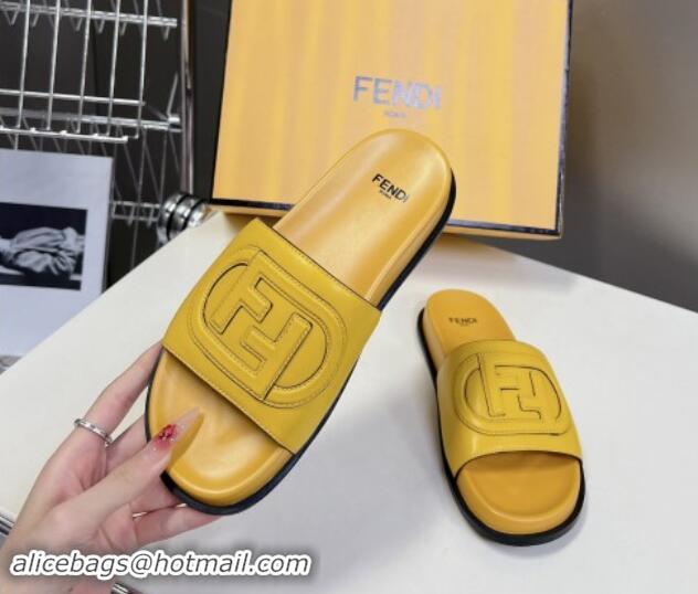 Top Design Fendi Leather Flat Slides Sandal with FF Circle Yellow 813122