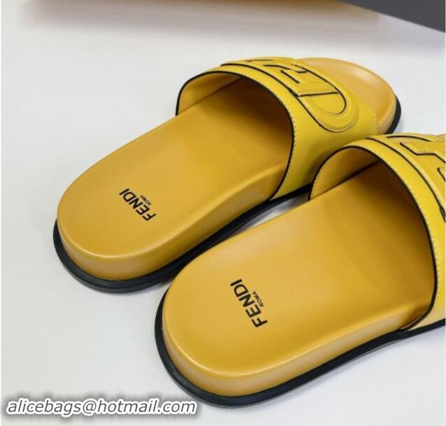 Top Design Fendi Leather Flat Slides Sandal with FF Circle Yellow 813122