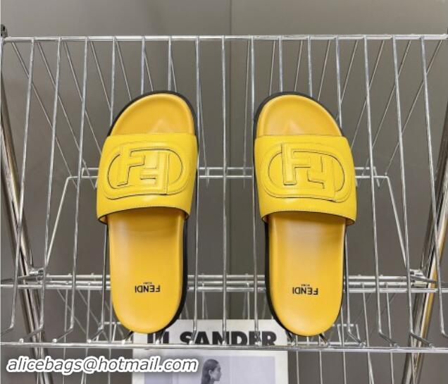 Top Design Fendi Leather Flat Slides Sandal with FF Circle Yellow 813122