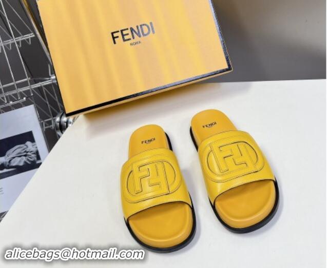 Top Design Fendi Leather Flat Slides Sandal with FF Circle Yellow 813122