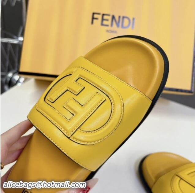 Top Design Fendi Leather Flat Slides Sandal with FF Circle Yellow 813122