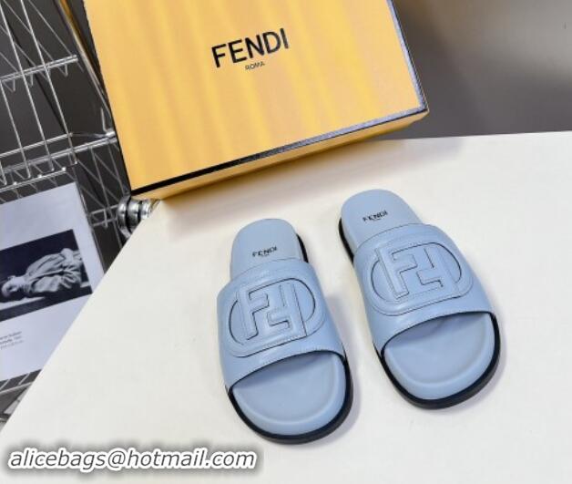 Best Price Fendi Leather Flat Slides Sandal with FF Circle Blue 813123