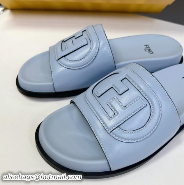 Best Price Fendi Leather Flat Slides Sandal with FF Circle Blue 813123