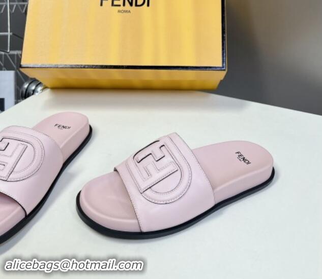 Buy Luxury Fendi Leather Flat Slides Sandal with FF Circle Light Pink 813124