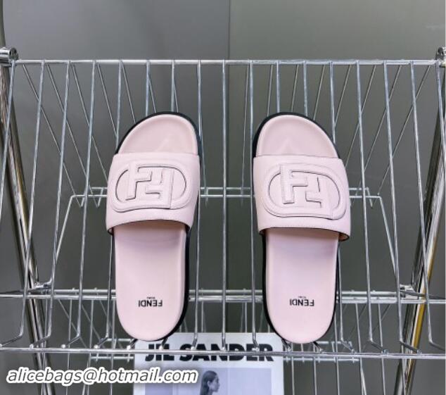 Buy Luxury Fendi Leather Flat Slides Sandal with FF Circle Light Pink 813124