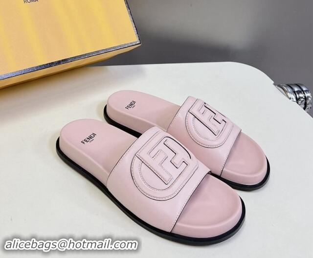 Buy Luxury Fendi Leather Flat Slides Sandal with FF Circle Light Pink 813124