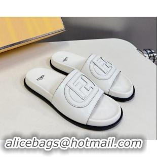 Top Grade Fendi Leather Flat Slides Sandal with FF Circle White 813125