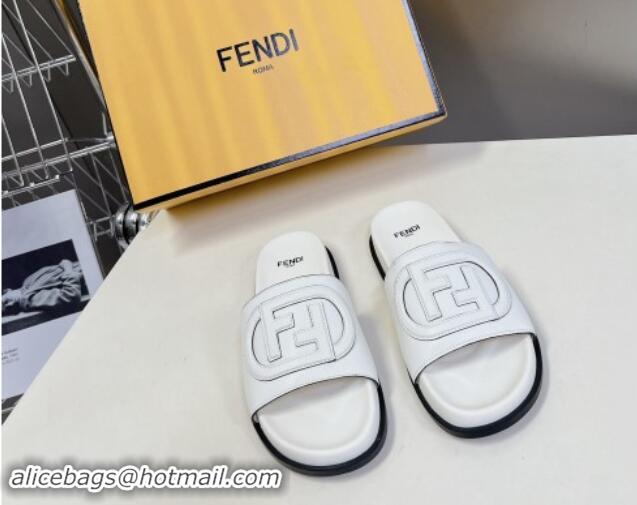 Top Grade Fendi Leather Flat Slides Sandal with FF Circle White 813125