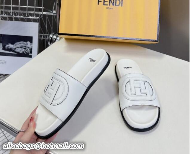 Top Grade Fendi Leather Flat Slides Sandal with FF Circle White 813125