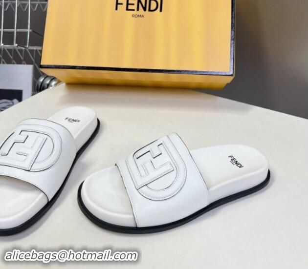 Top Grade Fendi Leather Flat Slides Sandal with FF Circle White 813125