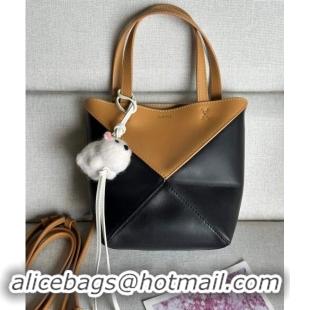 Top Quality Loewe Mini Puzzle Fold Tote Bag in patchwork calfskin L0051 Black/Brown (With Charm) 2024