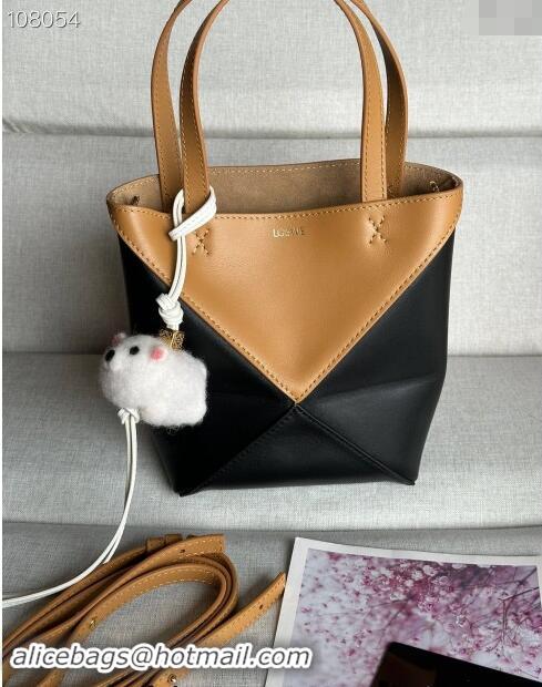 Top Quality Loewe Mini Puzzle Fold Tote Bag in patchwork calfskin L0051 Black/Brown (With Charm) 2024