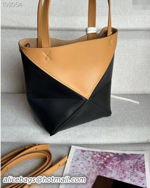 Top Quality Loewe Mini Puzzle Fold Tote Bag in patchwork calfskin L0051 Black/Brown (With Charm) 2024