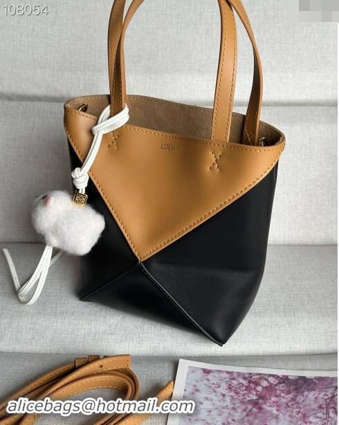 Top Quality Loewe Mini Puzzle Fold Tote Bag in patchwork calfskin L0051 Black/Brown (With Charm) 2024