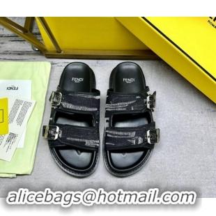 Unique Style Fendi Denim Flat Slides Sandal with Buckle Black 813126