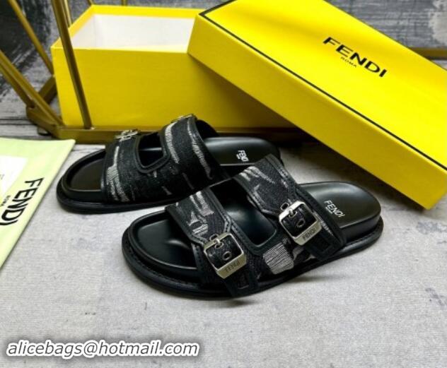 Unique Style Fendi Denim Flat Slides Sandal with Buckle Black 813126