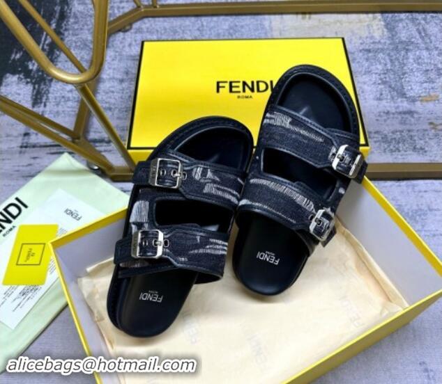 Unique Style Fendi Denim Flat Slides Sandal with Buckle Black 813126