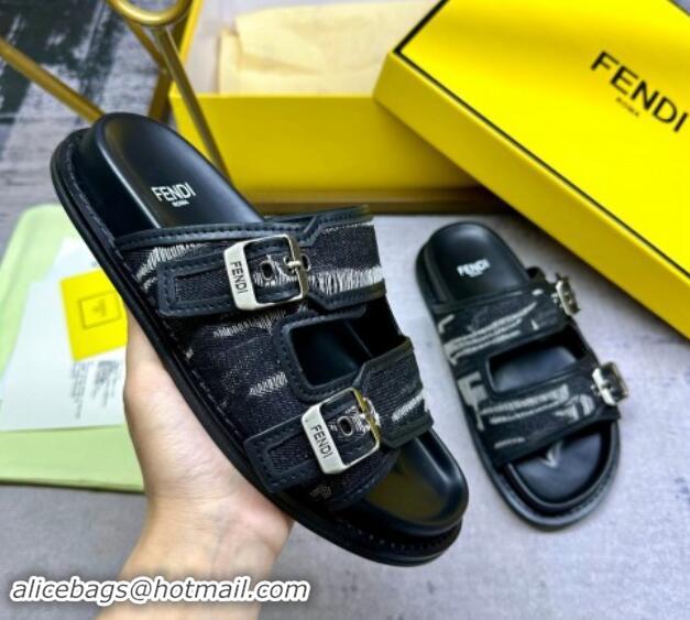 Unique Style Fendi Denim Flat Slides Sandal with Buckle Black 813126