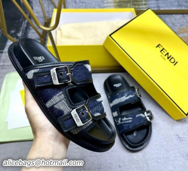 Unique Style Fendi Denim Flat Slides Sandal with Buckle Black 813126