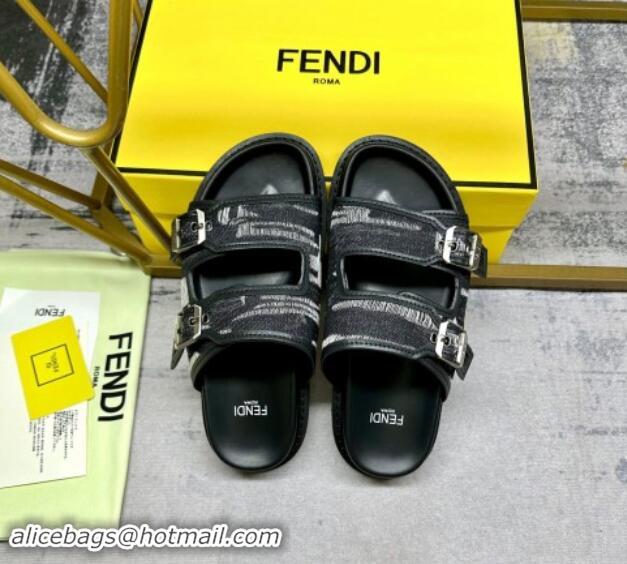 Unique Style Fendi Denim Flat Slides Sandal with Buckle Black 813126