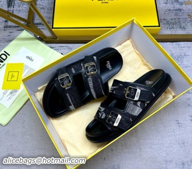 Unique Style Fendi Denim Flat Slides Sandal with Buckle Black 813126