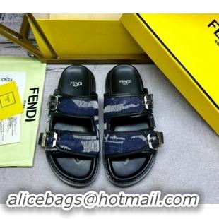 Purchase Fendi Denim Flat Slides Sandal with Buckle Dark Blue 813127