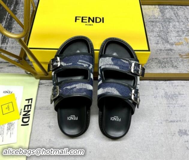 Purchase Fendi Denim Flat Slides Sandal with Buckle Dark Blue 813127