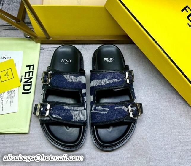 Purchase Fendi Denim Flat Slides Sandal with Buckle Dark Blue 813127