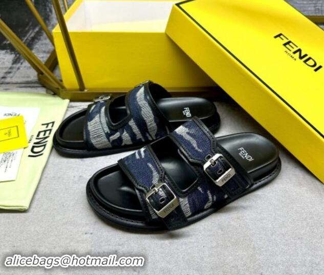 Purchase Fendi Denim Flat Slides Sandal with Buckle Dark Blue 813127