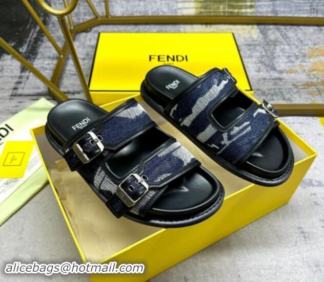 Purchase Fendi Denim Flat Slides Sandal with Buckle Dark Blue 813127