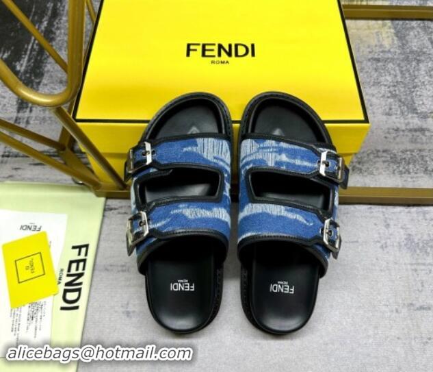 Grade Quality Fendi Denim Flat Slides Sandal with Buckle Blue/Black 813128