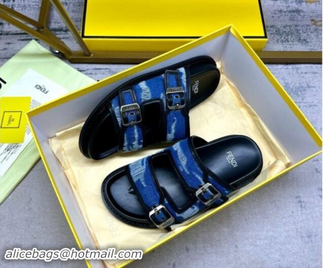 Grade Quality Fendi Denim Flat Slides Sandal with Buckle Blue/Black 813128