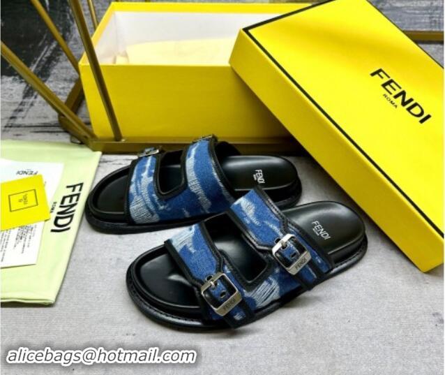 Grade Quality Fendi Denim Flat Slides Sandal with Buckle Blue/Black 813128